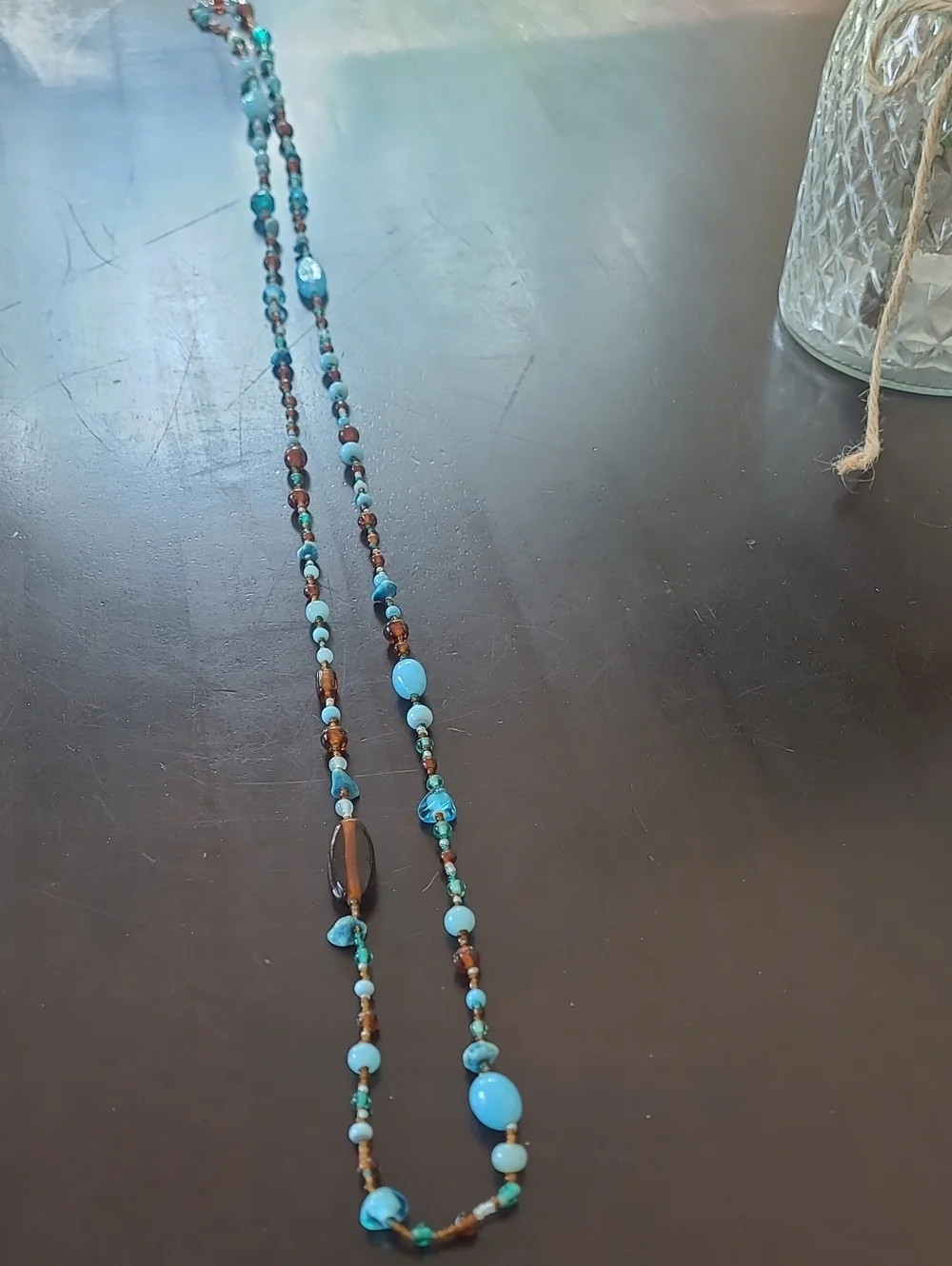 TURQUOISE BLUE & BROWN GLASS BEADS 29 Inches